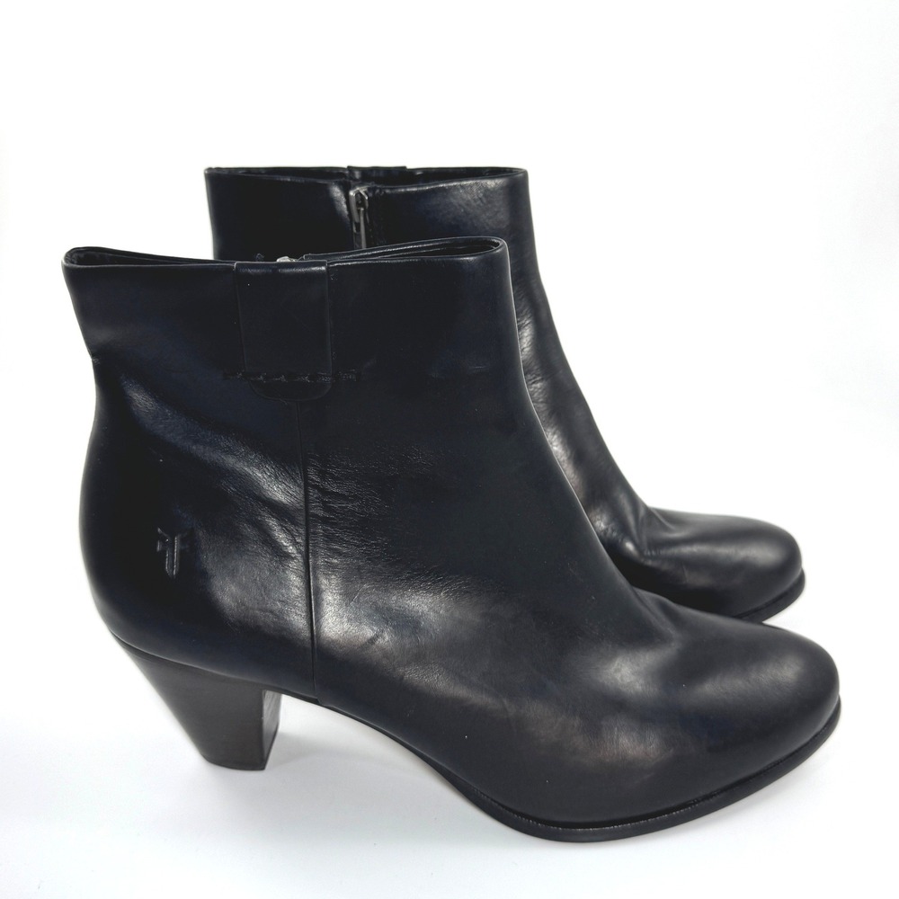 Frye Womens Black Leather Ankle Boots Round Toe Stacked Cone Heel Bootie‎ - Picture 2 of 15